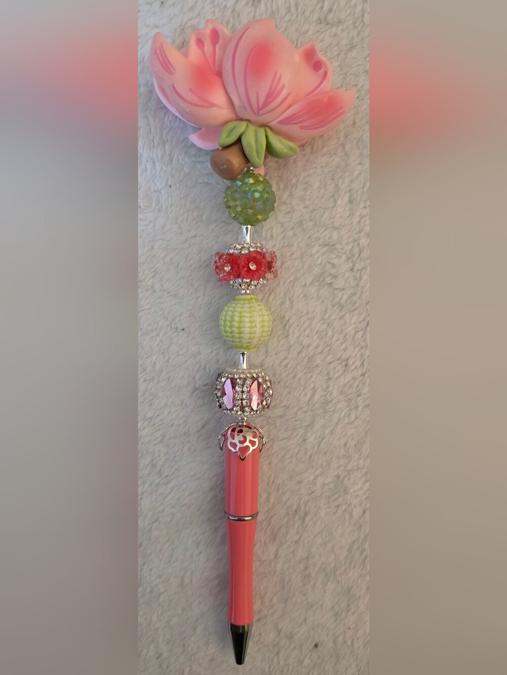 Pink and Green Beaded Pen - Flower